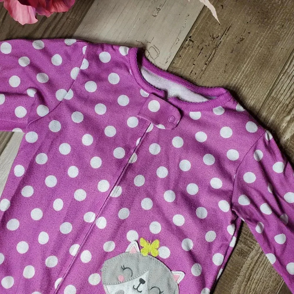 Carter's Toddler Girl Size 2T Purple Polka Dot Cat Footed Fleece Pajamas PJs EUC